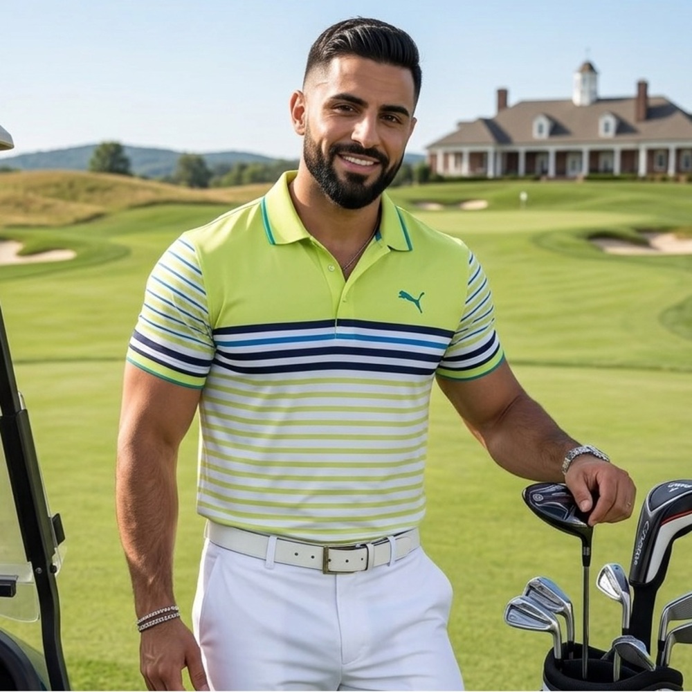 Puma Dry Cell Lime Green Striped Golf Polo with Navy Accents